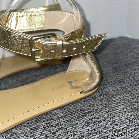 Nine‎ West Sandals Womens Size 10M Gold Metallic Ankle Strap Woven Flat Solitude - Picture 5 of 13